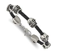The Black Bow Bracciale in acciaio inox e pelle nera anticata gotica con perline, 21 cm
