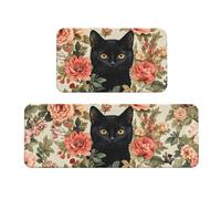 The Black Cat is Among The Flowers Tappeto da cucina imbottito, set di 2 tappetini comodi per la decorazione della casa, tappetini da cucina per pavimento antiscivolo lavabili, lavanderia 43 x 47 cm +