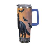 The Black Cat Is Pacing on The Roof Bicchiere in acciaio inox da 1180 ml a prova di perdite, grande capacità, tazza per auto con manico in paglia, tazza isolante sottovuoto a doppia parete
