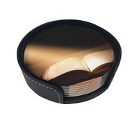 The Book - Set di 6 sottobicchieri rotondi con stampa a libro, in pelle PU, resistenti al calore, con supporto per decorazione di case in campagna, casa, ufficio e bar