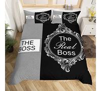 The Boss The Real Boss Gifts - Set di biancheria da letto in bianco e nero, con copripiumino in stile vintage, per letto matrimoniale, idea regalo per marito e moglie