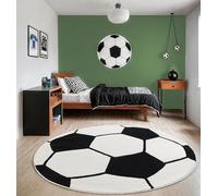 the carpet Beat Kids - Morbido e accogliente tappeto per bambini, facile da pulire, resistente ai colori, motivo calcio, nero-crema, 80 cm, rotondo