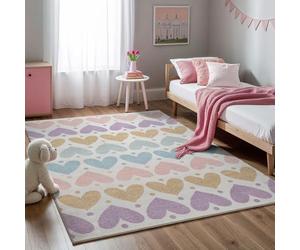 the carpet Beat Kids Tappeto moderno e morbido per bambini, a pelo soffice, facile da pulire e resistente ai colori, Cuore multicolore, 80 x 150 cm