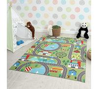 the carpet Happy Life - Tappeto da gioco per bambini, con immagine di una strada che attraversa una città e automobili, Verde, 120 x 160 cm