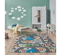 the carpet Happy Life - Tappeto da gioco per bambini, con immagine di una strada che attraversa una città e automobili, Grigio, 140 x 200 cm