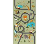 the carpet Happy Life - Tappeto da gioco per bambini, con immagine di una strada, una giungla auto e animali, Verde, 100 x 200 cm