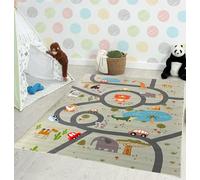 the carpet Happy Life - Tappeto da gioco per bambini, lavabile, con immagine di una strada, una giungla auto e animali, sfondo beige-2, 160 x 220 cm