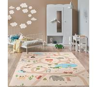 the carpet Happy Life - Tappeto da gioco per bambini, lavabile, con raffigurazione di una strada, giungla con auto e animali, sfondo verde-2, 200 x 290 cm