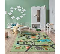 the carpet Happy Life - Tappeto da gioco per bambini, lavabile, con raffigurazione di una strada, giungla con auto e animali, sfondo verde, 120 x 160 cm