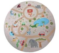 the carpet Happy Life - Tappeto da gioco per bambini, lavabile, con raffigurazione di una strada, giungla con auto e animali, sfondo verde-2, 160 x 160 cm, rotondo