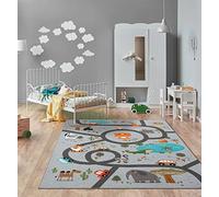the carpet Happy Life - Tappeto da gioco per bambini, lavabile, con raffigurazione di una strada, giungla con auto e animali, sfondo grigio, 120 x 160 cm