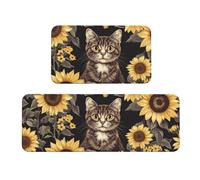 The Cat Is Among The Sunflowers Tappeto imbottito da cucina set di 2 tappetini comodi per la decorazione della casa, tappetini da cucina per pavimento antiscivolo lavabili, lavanderia 43 x 47 cm + 43