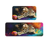 The Cat Is Playing With The Colorful Ball. Tappeto imbottito da cucina set di 2 tappetini comodi per la decorazione della casa, tappetini da cucina per pavimento antiscivolo lavabili, lavanderia 43 x