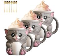 The Cat - Porta pinta per ghiaccio con stampa 3D, con manico e doppi cucchiai, riutilizzabile, resistente alle perdite, per fan dei gatti e uso per condividere snack (grigio, 3 pezzi)