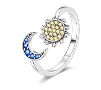 The Charmery Anello regolabile in argento Sterling 925 con sole e luna, design artigianale celeste per donne e ragazze