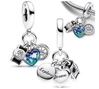 The Charmery Ciondolo in argento Sterling 925 a forma di bussola con macchina fotografica, cuore e mappa, charm Pandora, Trollbeads, Chamilia, Biagi e molti altri braccialetti con charm del Regno