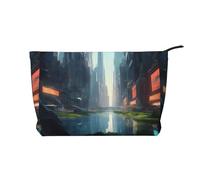The City On The Water - Borsa per il trucco in velluto a coste con chiusura a cerniera, multifunzione, 22 x 7 x 17 cm, per viaggi, campeggio, vacanze, fitness, Nero , Taglia unica