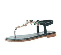 the drop sandali,sandali donna borchie,Women's Summer Flat Sandals, a T con strass, piatti, stile romano, punta aperta(Green 38)