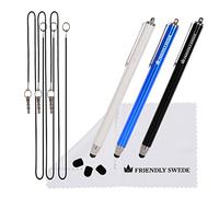 THE FRIENDLY SWEDE Penna Touch a Punta Fine ad Alta Precisione per Touchscreen + 3 Punte di Ricambio + 3 Cordini Elastici Salvapenna + Panno in Microfibra (Set di 3 Pennini Touch)