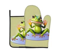 The Funny Frog Doing Yoga Kitchen Baking - Set da due pezzi (guanti isolanti termici + presa), anti-scottatura e isolamento termico