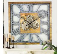 The Gears Clock - Orologio da parete quadrato, 61 cm, con ingranaggi in movimento reale, vintage, industriale, oversize, rustico, casale (legno e pietra)