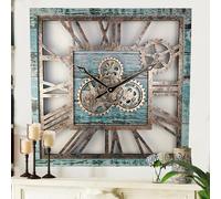 The Gears Clock - Orologio da parete quadrato, 61 cm, con ingranaggi reali, vintage, industriale, oversize, rustico, fattoria (verde acqua)
