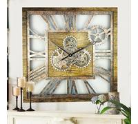The Gears Clock - Orologio da parete quadrato, 61 cm, con ingranaggi reali, vintage, industriale, oversize, rustico, casale (oro antico)