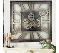 The Gears Clock - Orologio da parete quadrato, 61 cm, con ingranaggi reali, vintage, industriale, oversize, rustico, stile rustico (nero vintage)