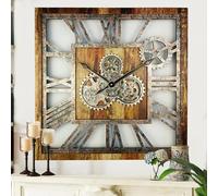 The Gears Clock - Orologio da parete quadrato, 61 cm, con ingranaggi reali, vintage, industriale, oversize, rustico, stile rustico (marrone vintage)