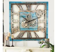 The Gears Clock - Orologio da parete quadrato, 61 cm, con ingranaggi reali, vintage, industriale, oversize, rustico, casale (blu oceano)