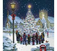 The Great British Card Company Medici Cards - Confezione da 6 biglietti natalizi di beneficenza artistici, con scritta "Christmas Carols Around the Tree", 6 biglietti dello stesso design, finitura in