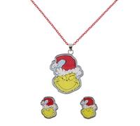 The Grinch, set regalo di gioielli da donna e ragazza, con orecchini a perno e collana con ciondolo, motivo natalizio, Misura unica, Placcatura al rodio, Nessuna pietra preziosa