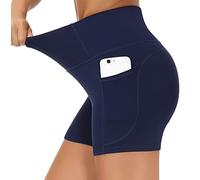 THE GYM PEOPLE Pantaloncini da yoga a vita alta per controllo della pancia fitness atletica allenamento running pantaloncini con tasche profonde, Blu, M