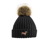 The House Of Dog: Berretto unisex ricamato in pelliccia sintetica con pompon a maglia grossa, super morbido, unisex, colore nero, Nero , Taglia unica