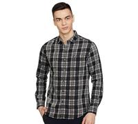 The Indian Garage Co Camicia da uomo, cotone, vestibilità aderente, a quadretti, maniche complete, colletto largo, camicia casual, nero, S
