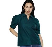 The India's Store - Camicia da donna in cotone tinta unita, pronta all'uso con collo a mezza manica, Blu ottanio, 76