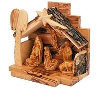 THE JERUSALEM GIFT SHOP SINCE 2004 Presepe in legno di ulivo con statuette | Stalla per tetto in corteccia | Prodotto a Betlemme