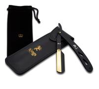 The Kings Cutthroat® Rasoio da barba da uomo in acciaio nero e oro Custodia da viaggio in pelle e sacchetto in velluto incluso Accessorio essenziale per la toelettatura maschile per barba senza lame