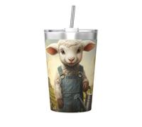 The Lamb with The Kettle. Tazza termica conica stampata in paglia, con cannuccia isolata, perfetta per l'uso in palestra o da portare con te