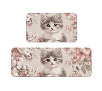 The Little Cat Is Among The Pink Flowers Tappeto da cucina imbottito, set di 2 tappetini comodi per la decorazione della casa, tappetini da cucina per pavimento antiscivolo lavabili, lavanderia 43 x