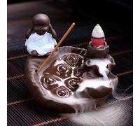 The Little Monk Lotus Backflow Incense Burner Ceramic Smoke Waterfall Purple Clay Censer Stick Holder for Home Ornaments (E)