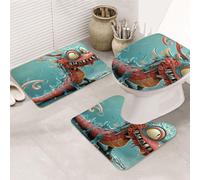 The Little Red Dragon - Set di 3 tappeti da bagno in memory foam morbidi e assorbenti e a forma di U, decorazione per la casa, asciugatura rapida