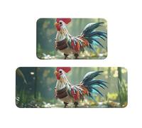 The Little Rooster Stands. Set di 2 tappeti imbottiti da cucina comodi per la decorazione della casa, tappetini da cucina per pavimenti antiscivolo lavabili, lavanderia 43 x 119 cm + 43 x 76 cm