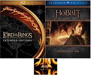 The Lord Of the Rings Extended Editions Trilogy & The Hobbit Extended Editions Trilogy 24 Disc Blu Ray Set Includes Precious Ring Glossy Print Art Card