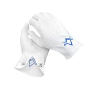 THE MASONIC COLLECTION - Guanti in cotone bianco - Bianchi con ricamo blu royal del logo Squadra e Compasso - Lavabili e riutilizzabili - Regalo massonico per uomini massoni