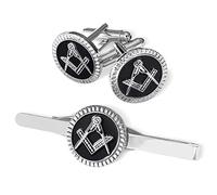 The Masonic Collection - Set di gemelli e cravatte quadrati e compasso, da uomo, placcati in argento, in sacchetto di velluto/confezione regalo, regalo di qualità per uomini, Misura unica, Ottone,