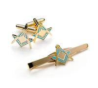THE MASONIC COLLECTION Set di gemelli e fermacravatta quadrati e bussola, da uomo, placcati in oro con smalto azzurro, set regalo massone, Misura unica, Ottone, Non pietra preziosa