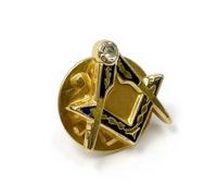 THE MASONIC COLLECTION Spilla quadrata e bussola, smaltata blu e oro, con splendida pietra bianca, accessorio regalo per uomini massoni, Misura unica, Ottone