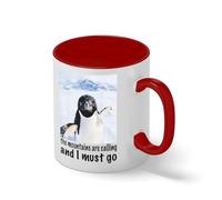 The Mountains Are Calling And I Must Go Funny Penguin Mug - Ironic Meme Coffee Cup - Sarcastic Hiker Gift Bianco tazza di caffè con Red Rim & Handle Mug