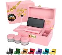 The OG Storage Box, grande scatola in bambù con serratura a combinazione, coperchio magnetico, vassoio organizer, tubo, spazzola e 3 barattoli, discreta, decorativa, con accessori (rosa/oro)